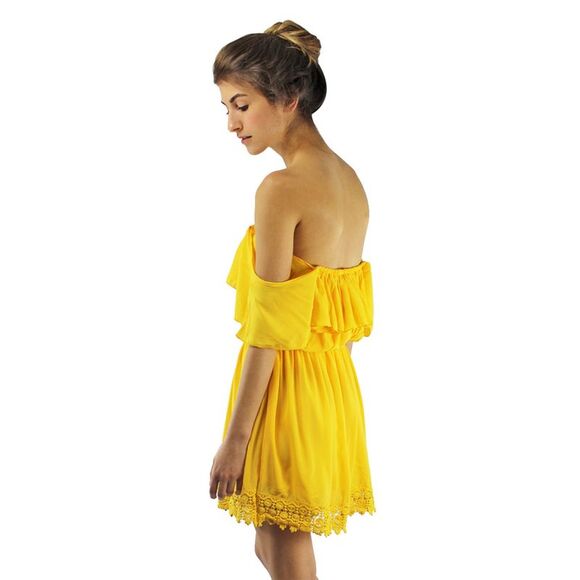 Yellow Strapless Off The Shoulder Dress With Lace Trim - Picture 8 of 8